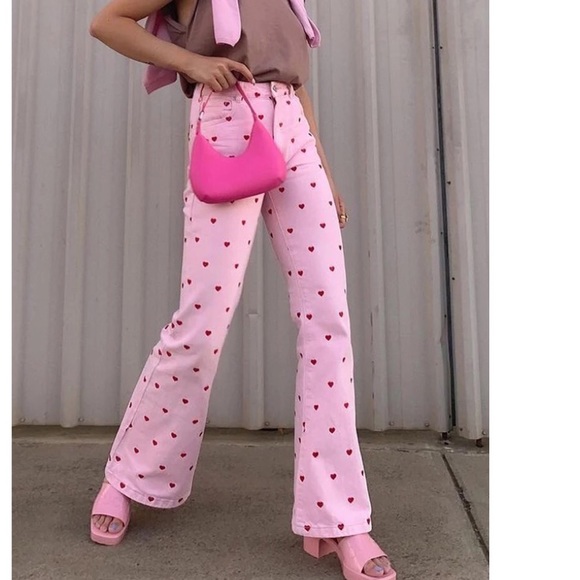 Heart pants bottoms trouser pink hearts flared womenâs - Picture 4 of 10
